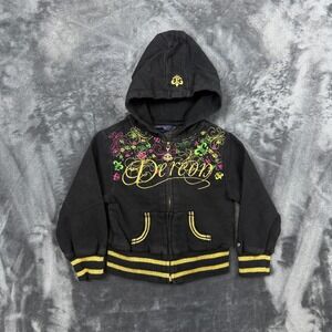 Dereon Zip Up Hoodie Girls 3T Black Gold Embroidered Fleur De Lis Y2K Style